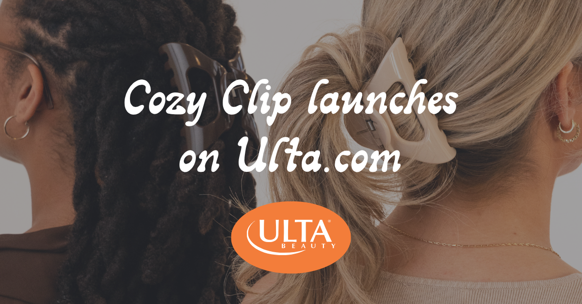 Two women wearing Cozy Clip flexible claw clips, banner with overlaid text Cozy Clip launches on Ulta.com and Ulta Beauty logo